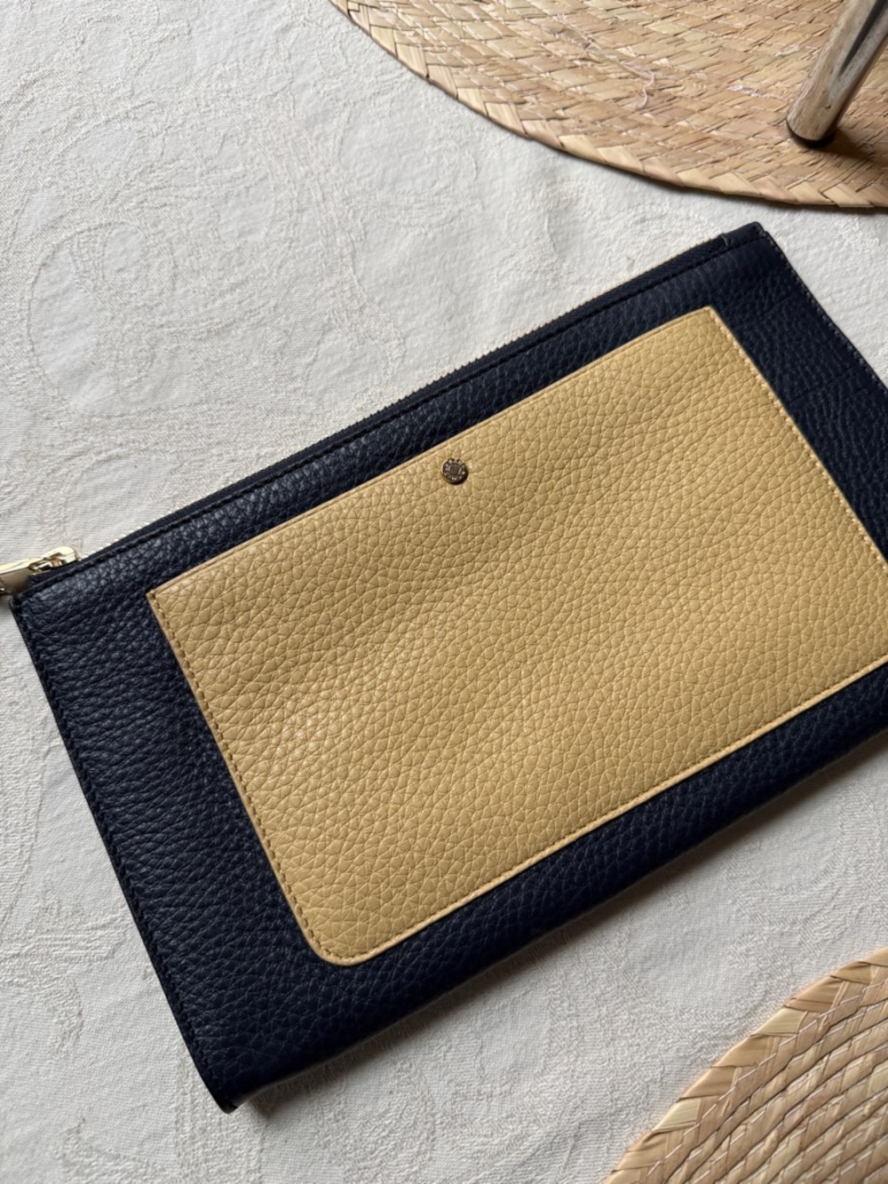 Tiffany color block 2-Tone Leather Zip Clutch - Navy & Tan